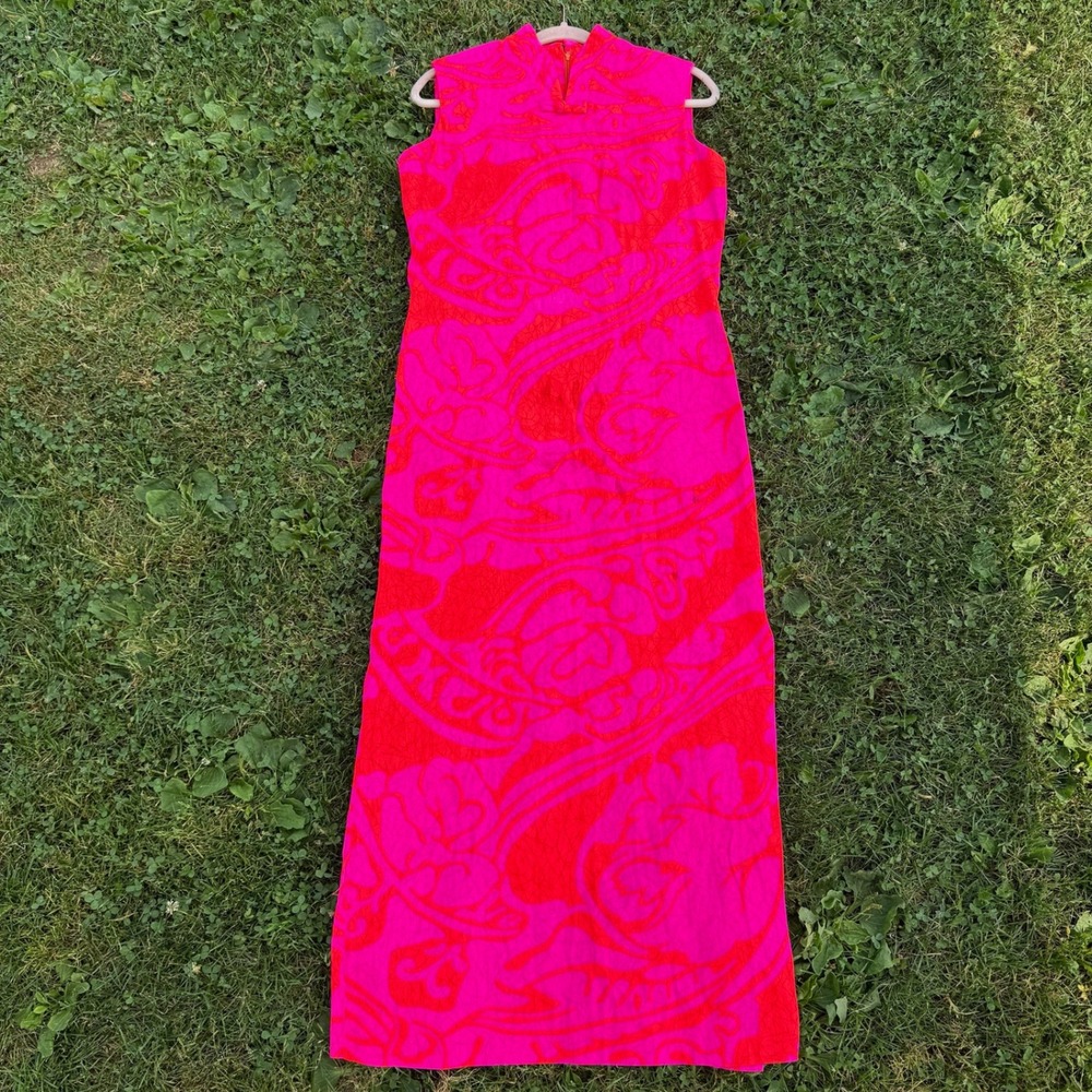 FLAW Norma Maier's Polynesian Casuals Maxi Dress Pink Orange Retro Floral Hawaii